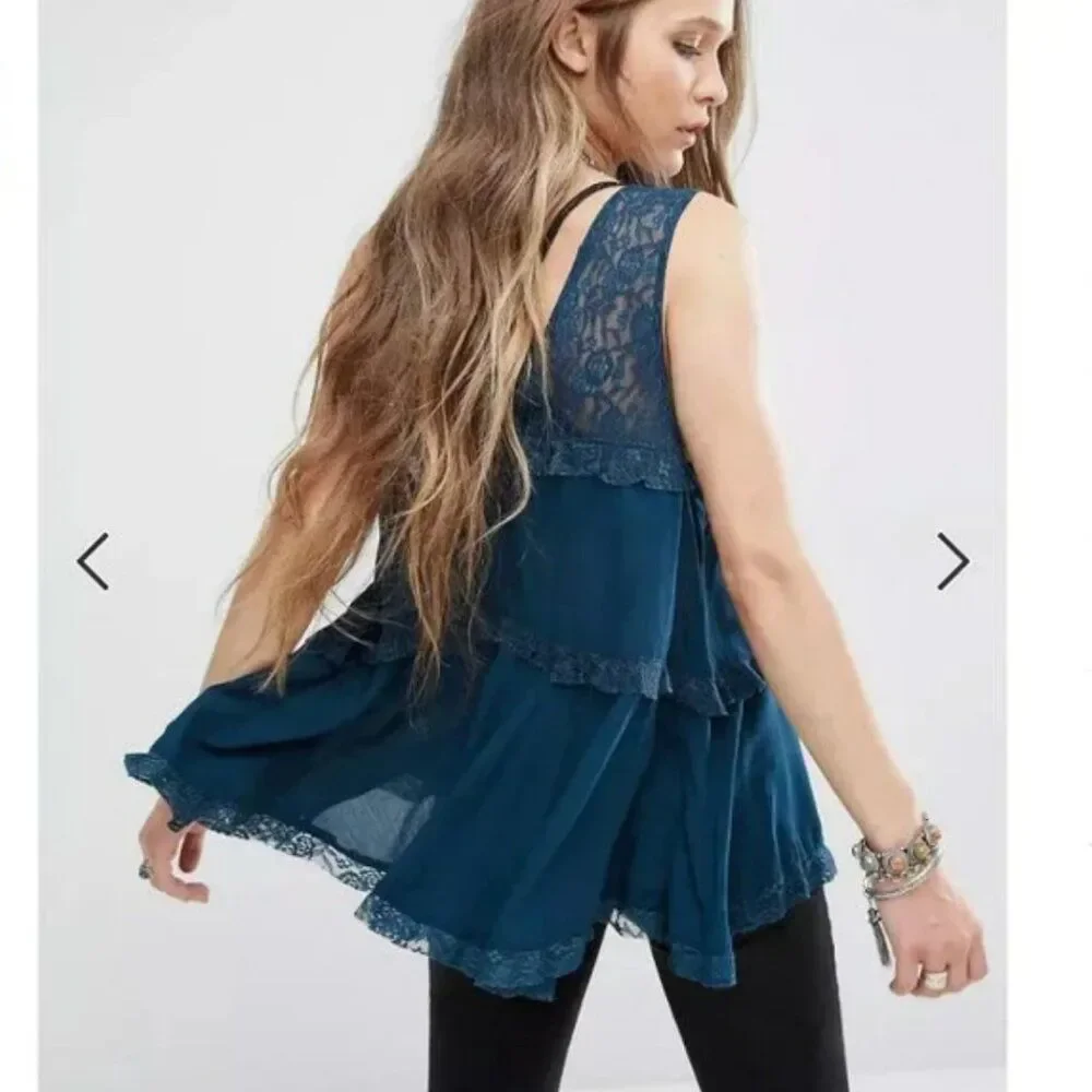 Free People Intimately Free Trapeze Cami Lace Boho Deep V Top in Sapphire Small